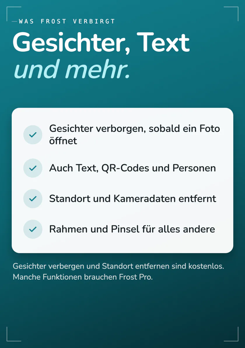 Was Frost verbirgt: Gesichter beim Öffnen, Text, QR-Codes und Personen, Standort und Kameradaten, dazu ein Rahmen und ein Pinsel für alles andere