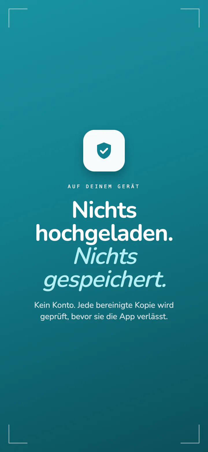 Die Datenschutzübersicht von Frost: kein Upload, nichts behalten, kein Konto, jede bereinigte Kopie geprüft