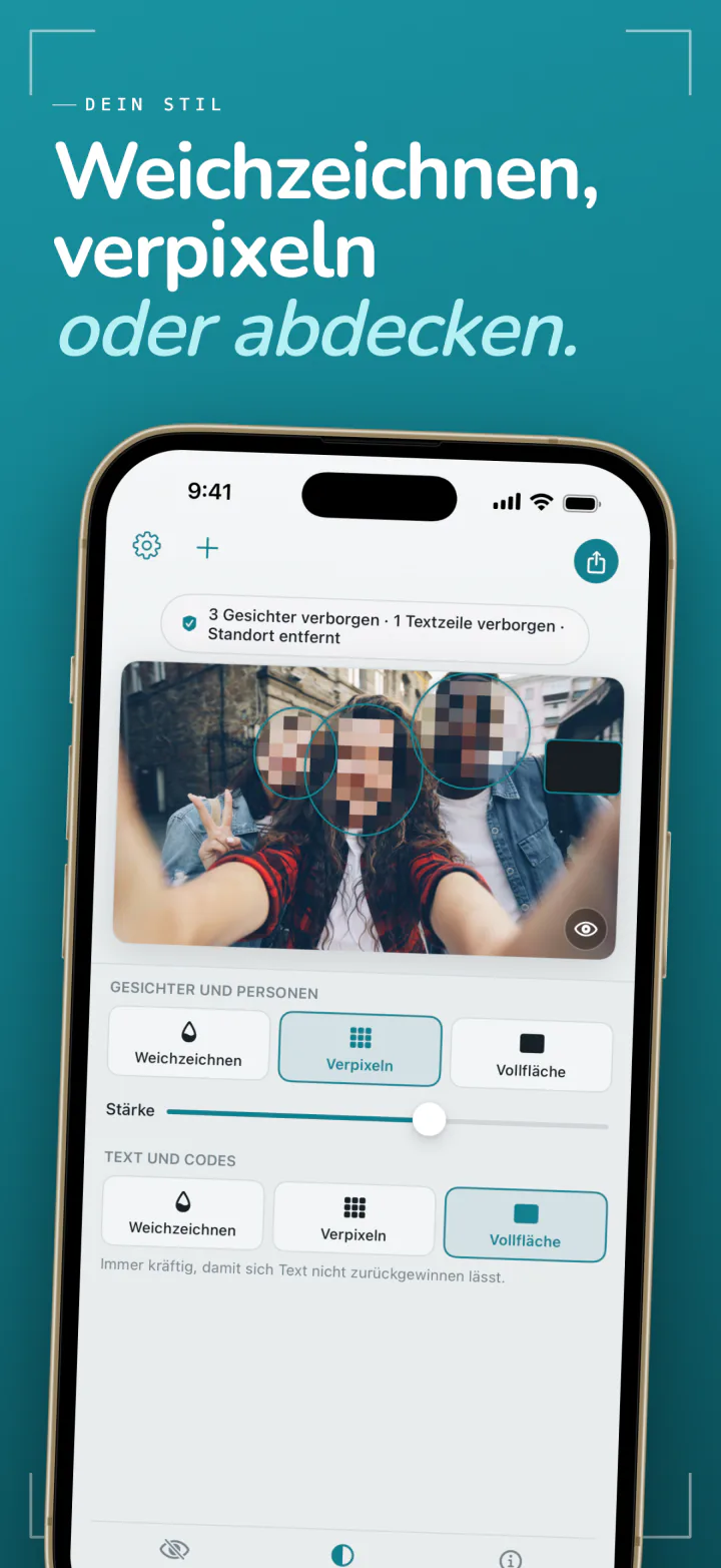 Frost auf dem iPhone mit den Stilen Weichzeichnen, Verpixeln und Vollfläche für verborgene Gesichter