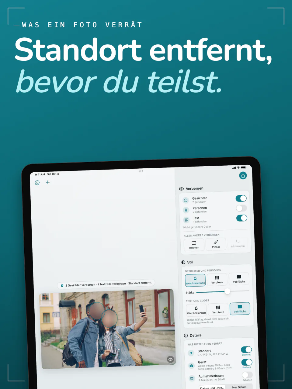 Frost auf dem iPad mit Standort, Gerät und Datum aus einem Foto und je einem Schalter zum Entfernen