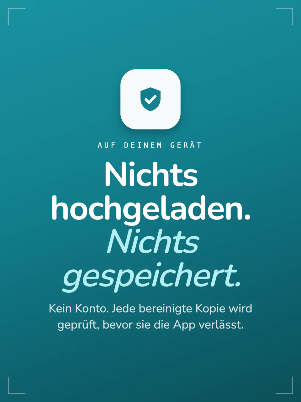 Die Datenschutzübersicht von Frost: kein Upload, nichts behalten, kein Konto, jede bereinigte Kopie geprüft