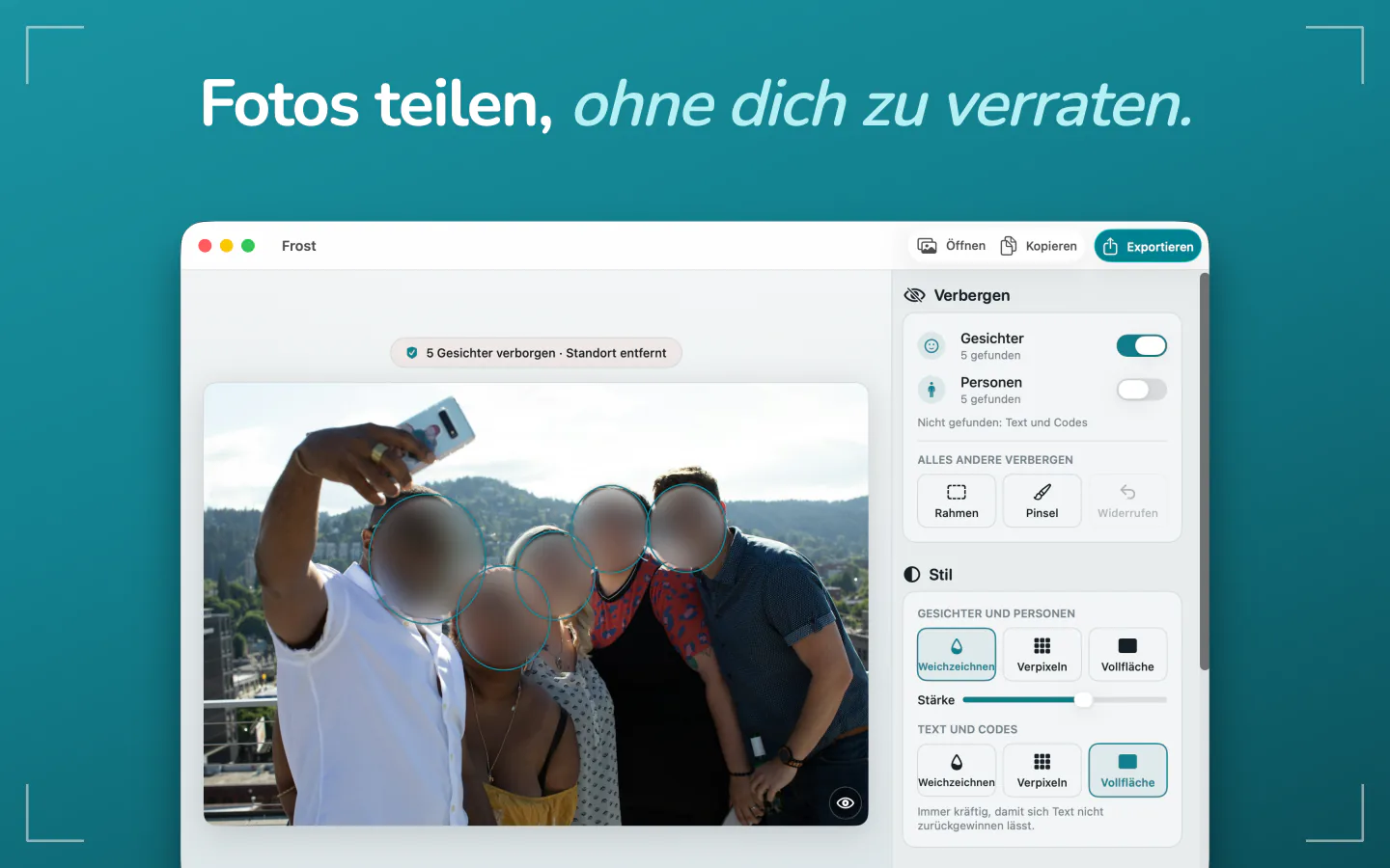 Frost auf dem Mac mit einem Gruppenfoto, die Gesichter weichgezeichnet und der Standort entfernt