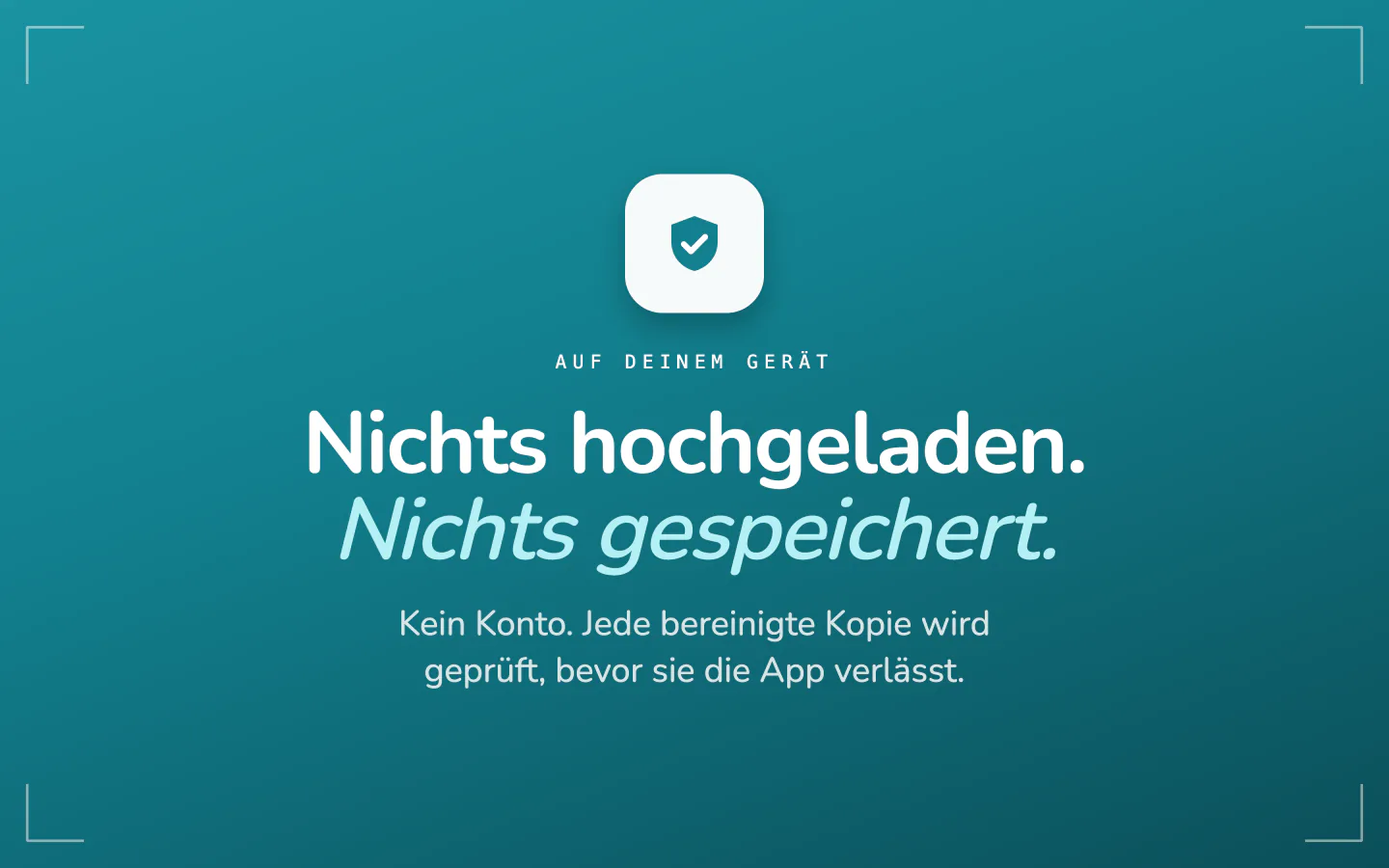 Die Datenschutzübersicht von Frost: kein Upload, nichts behalten, kein Konto, jede bereinigte Kopie geprüft