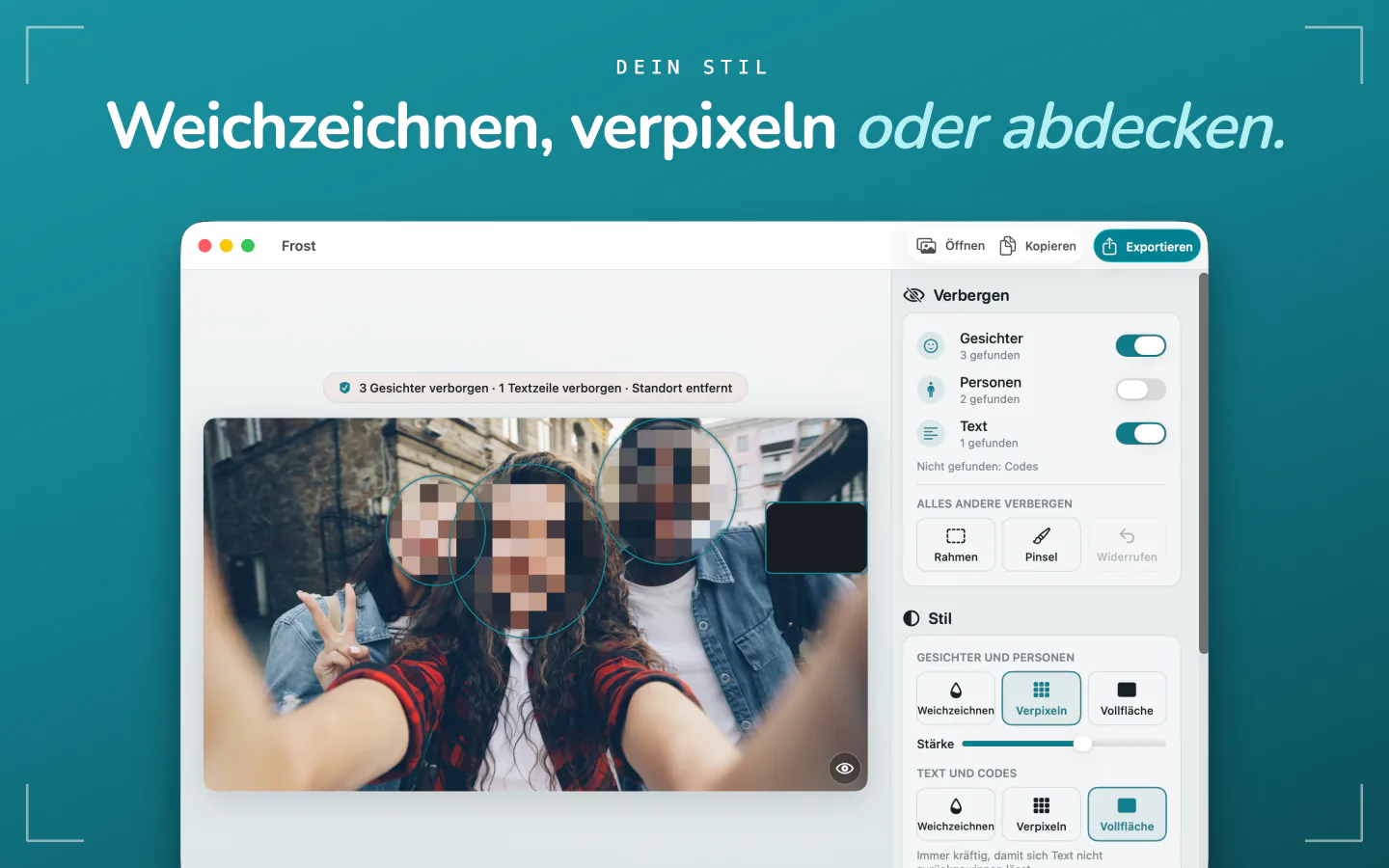 Frost auf dem Mac verpixelt die Gesichter in einem Foto, mit den Stilen Weichzeichnen, Verpixeln und Vollfläche