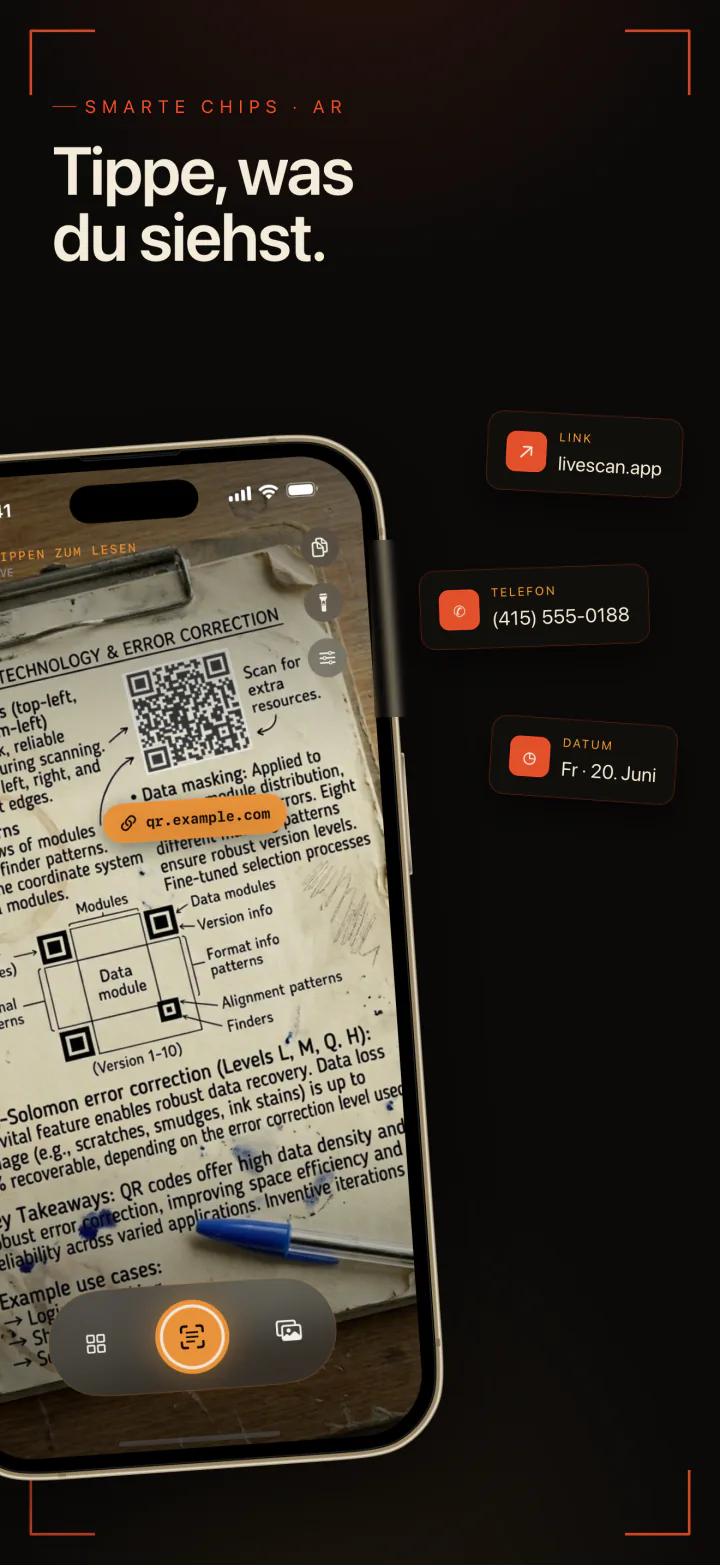 LiveScan liest einen QR-Code und eine gedruckte Seite, mit Knöpfen für einen Link, eine Telefonnummer und ein Datum