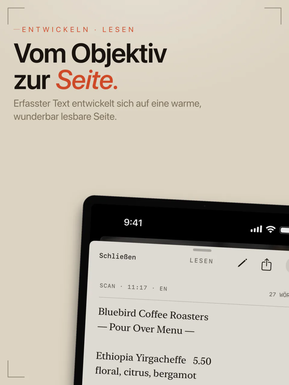 Text von einer Speisekarte auf dem iPad, angezeigt auf dem warmen Leseblatt von LiveScan