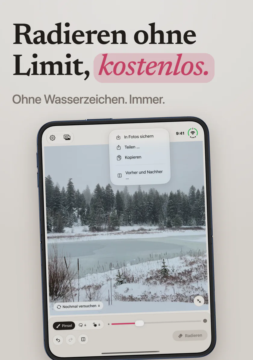 Mend auf dem iPhone Duo mit einem verschneiten See ohne Wasserzeichen und dem Menü mit In Fotos sichern, Teilen und Vorher und Nachher