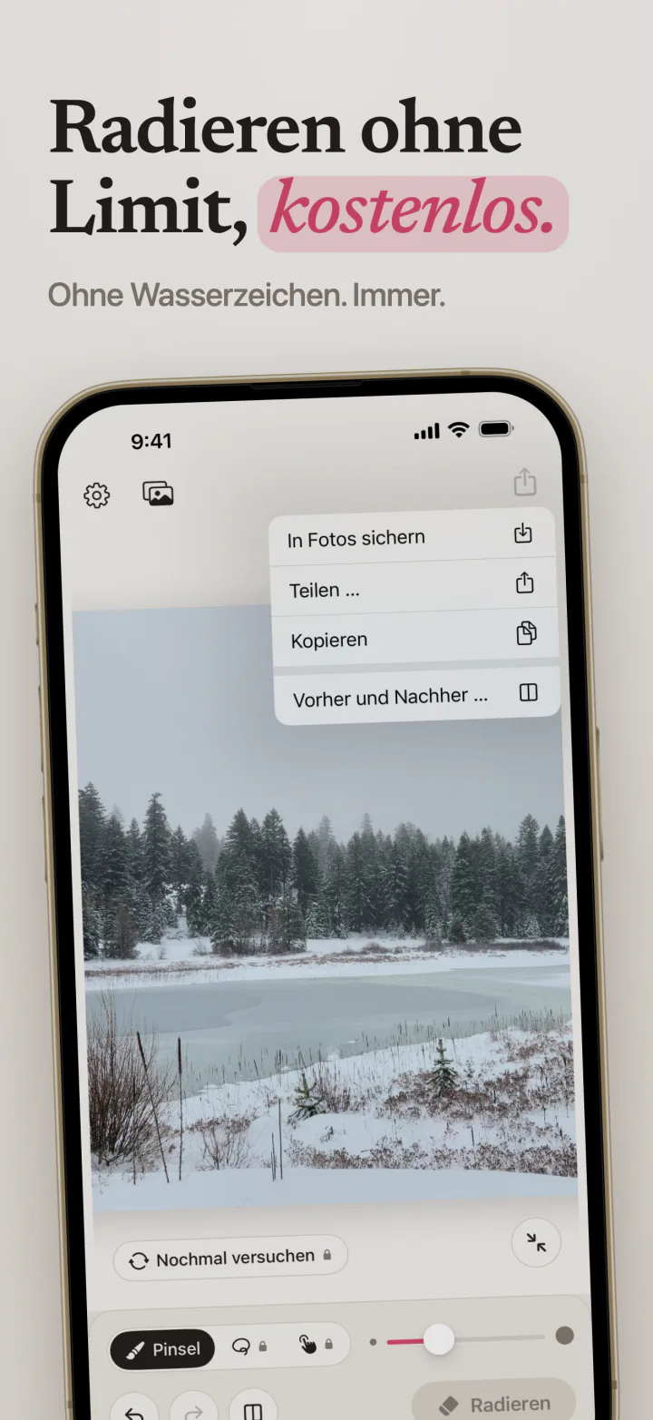 Mend auf dem iPhone mit einem verschneiten See ohne Wasserzeichen und dem Menü mit In Fotos sichern, Teilen und Vorher und Nachher