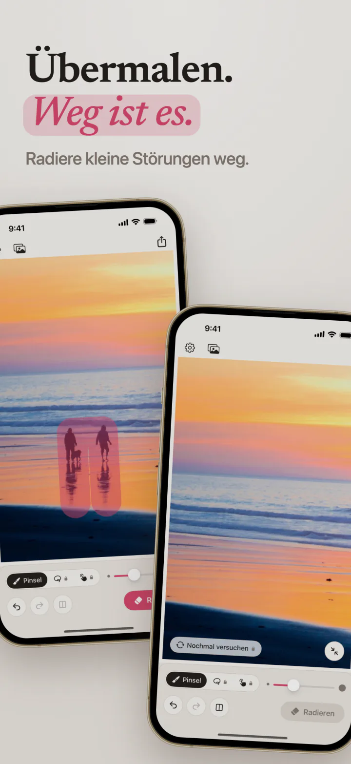 Mend auf dem iPhone: zwei Personen an einem Strand bei Sonnenuntergang pink übermalt, und derselbe Strand ohne sie