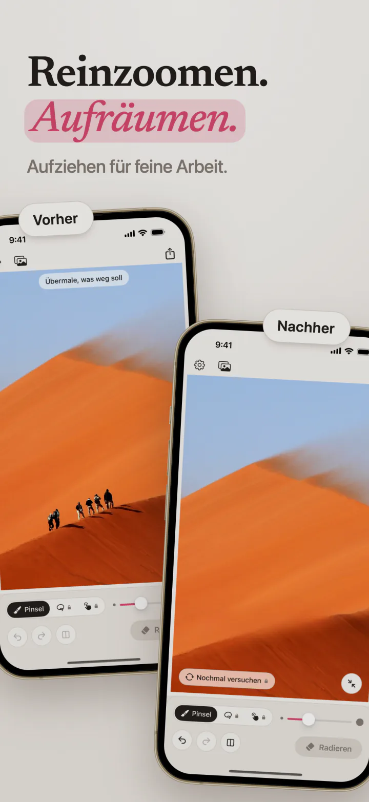 Ein Foto von Wanderern auf einer orangefarbenen Düne, vor und nach dem Radieren mit Mend auf dem iPhone