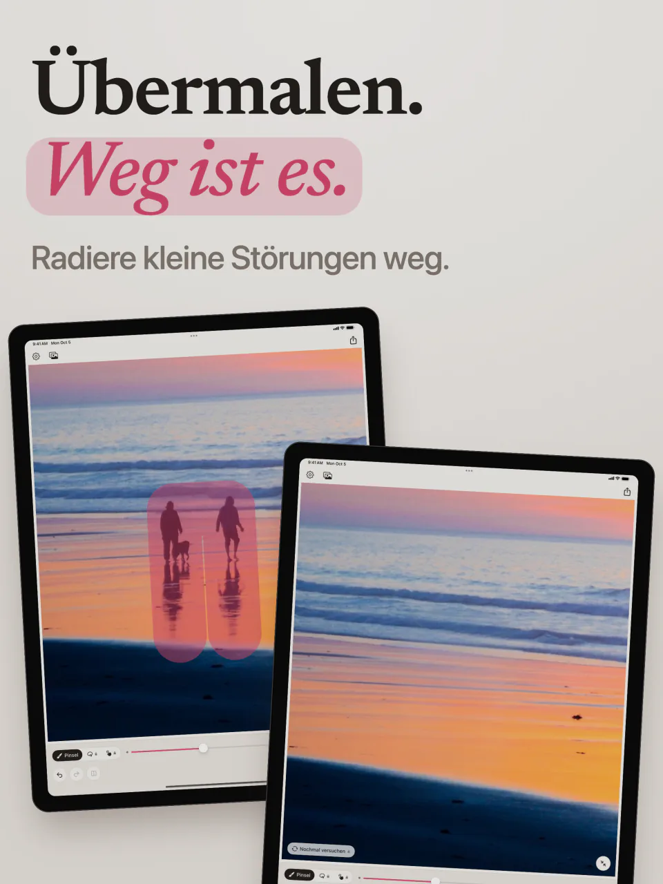 Mend auf dem iPad: zwei Personen an einem Strand bei Sonnenuntergang pink übermalt, und derselbe Strand ohne sie