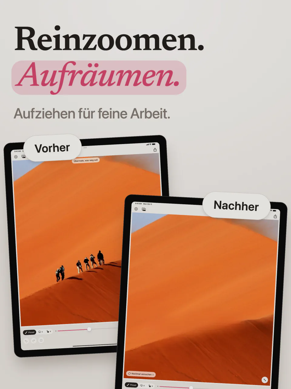 Ein Foto von Wanderern auf einer orangefarbenen Düne, vor und nach dem Radieren mit Mend auf dem iPad