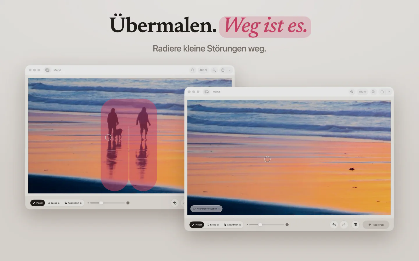 Mend auf dem Mac: zwei Personen an einem Strand bei Sonnenuntergang pink übermalt, und derselbe Strand ohne sie