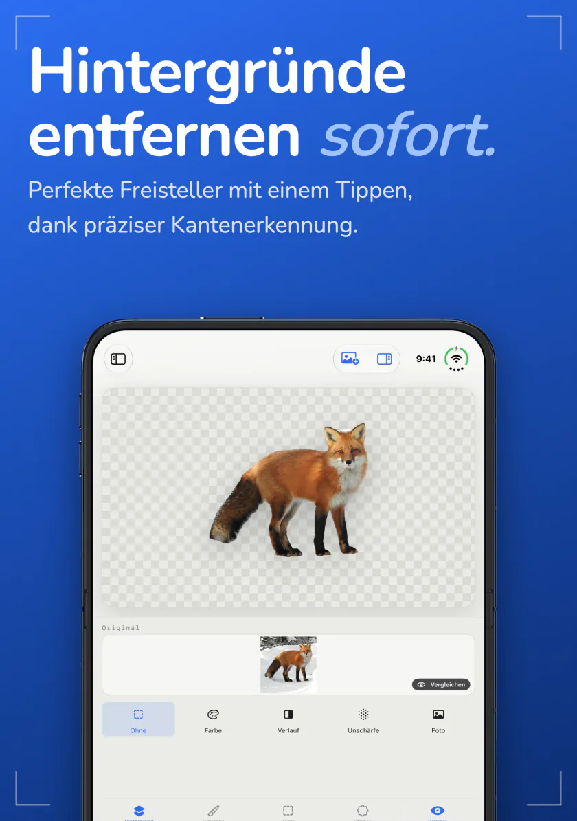 Sweep auf dem iPhone Duo mit einem freigestellten Fuchs auf transparentem Hintergrund