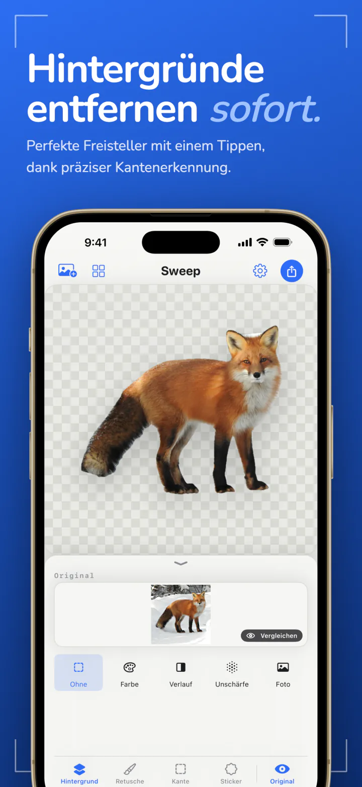 Sweep auf dem iPhone zeigt einen freigestellten Fuchs auf transparentem Hintergrund