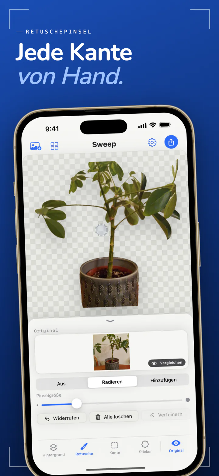 Der Retuschepinsel von Sweep auf dem iPhone mit den Modi Radieren und Hinzufügen an der Kante einer Topfpflanze