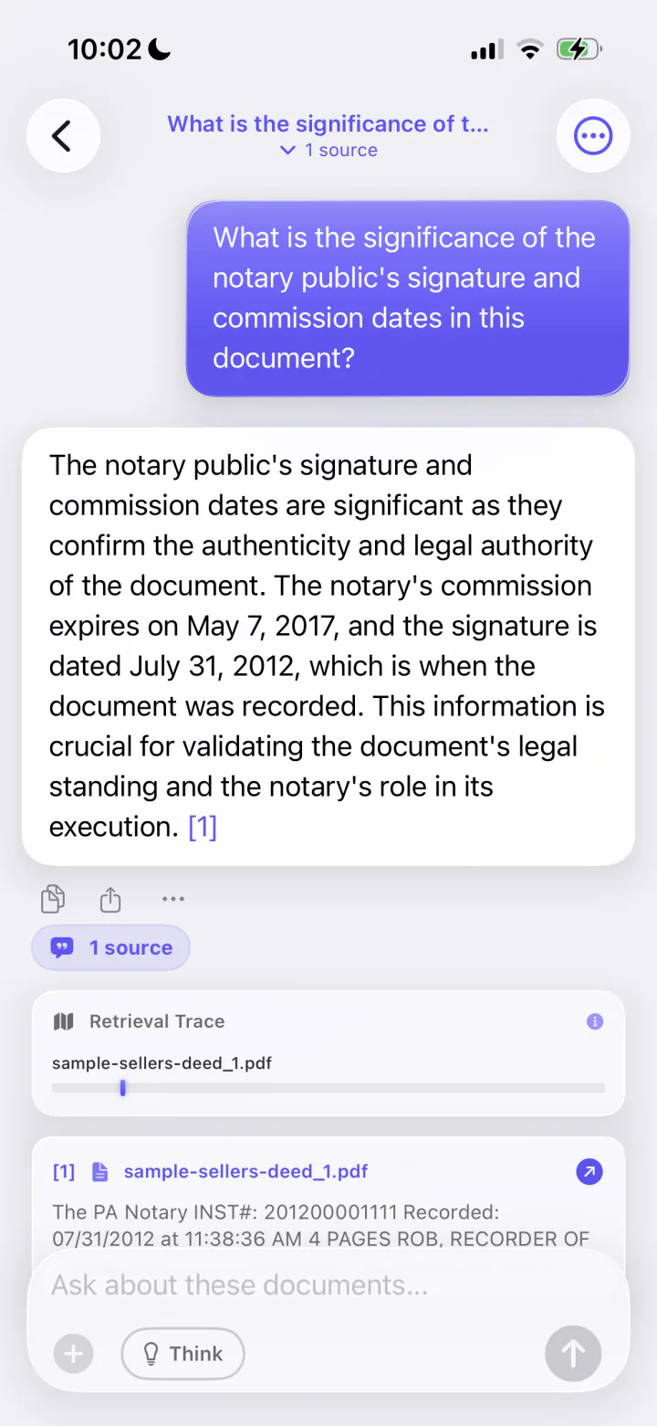 Offline AI chat answering a question about a PDF with citations in DocuMind