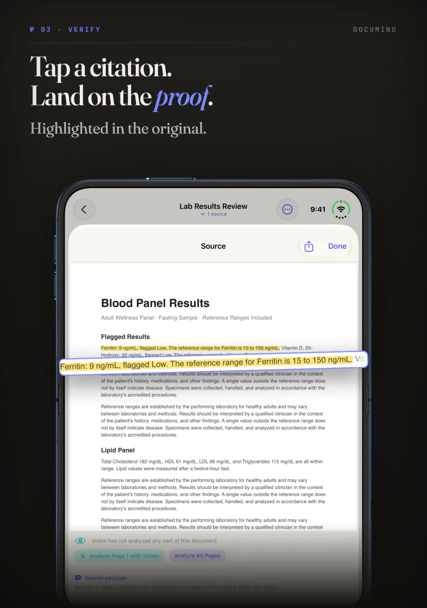 A cited page opened in DocuMind on the inner screen of iPhone Duo, with the quoted line highlighted