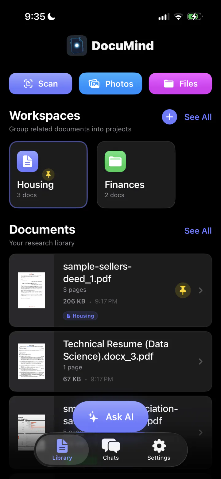 DocuMind library with imported PDFs and scanned documents on iPhone