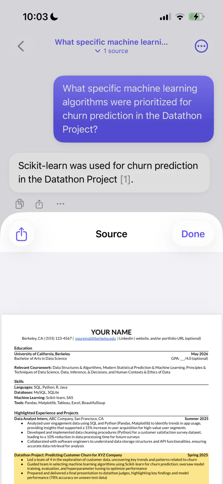 A tapped citation opening the exact page with a highlighted paragraph in DocuMind