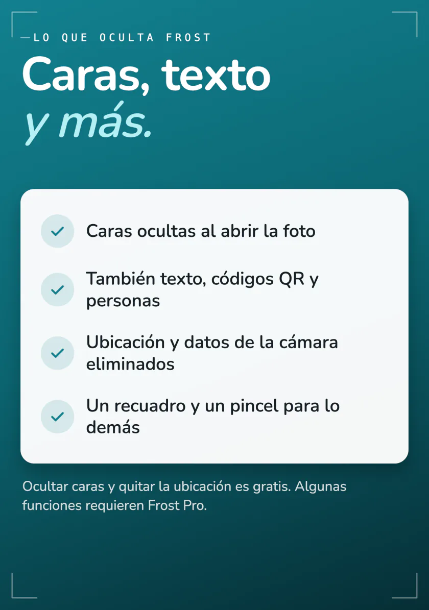 Lo que oculta Frost: caras al abrir la foto, texto, códigos QR y personas, ubicación y datos de la cámara, con un recuadro y un pincel para todo lo demás