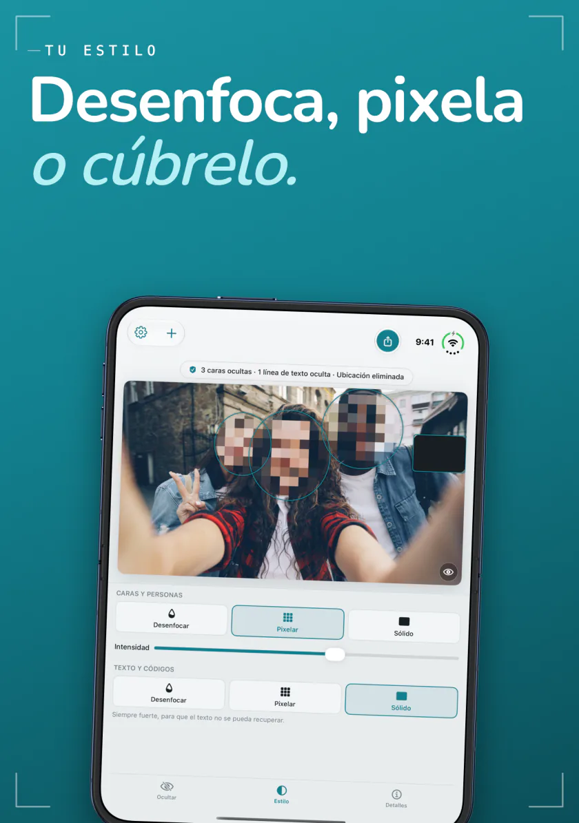 Frost en iPhone Duo pixelando las caras de un selfie, con los estilos Desenfocar, Pixelar y Sólido
