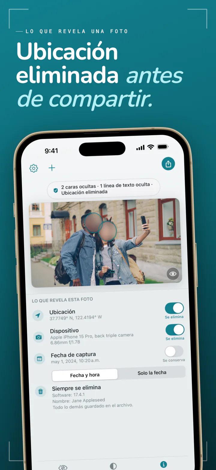 Frost en iPhone con la ubicación, el dispositivo y la fecha de una foto, cada uno con un interruptor para eliminarlo