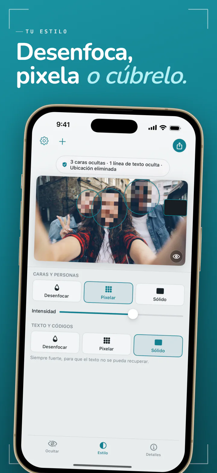 Frost en iPhone con los estilos Desenfocar, Pixelar y Sólido para las caras ocultas