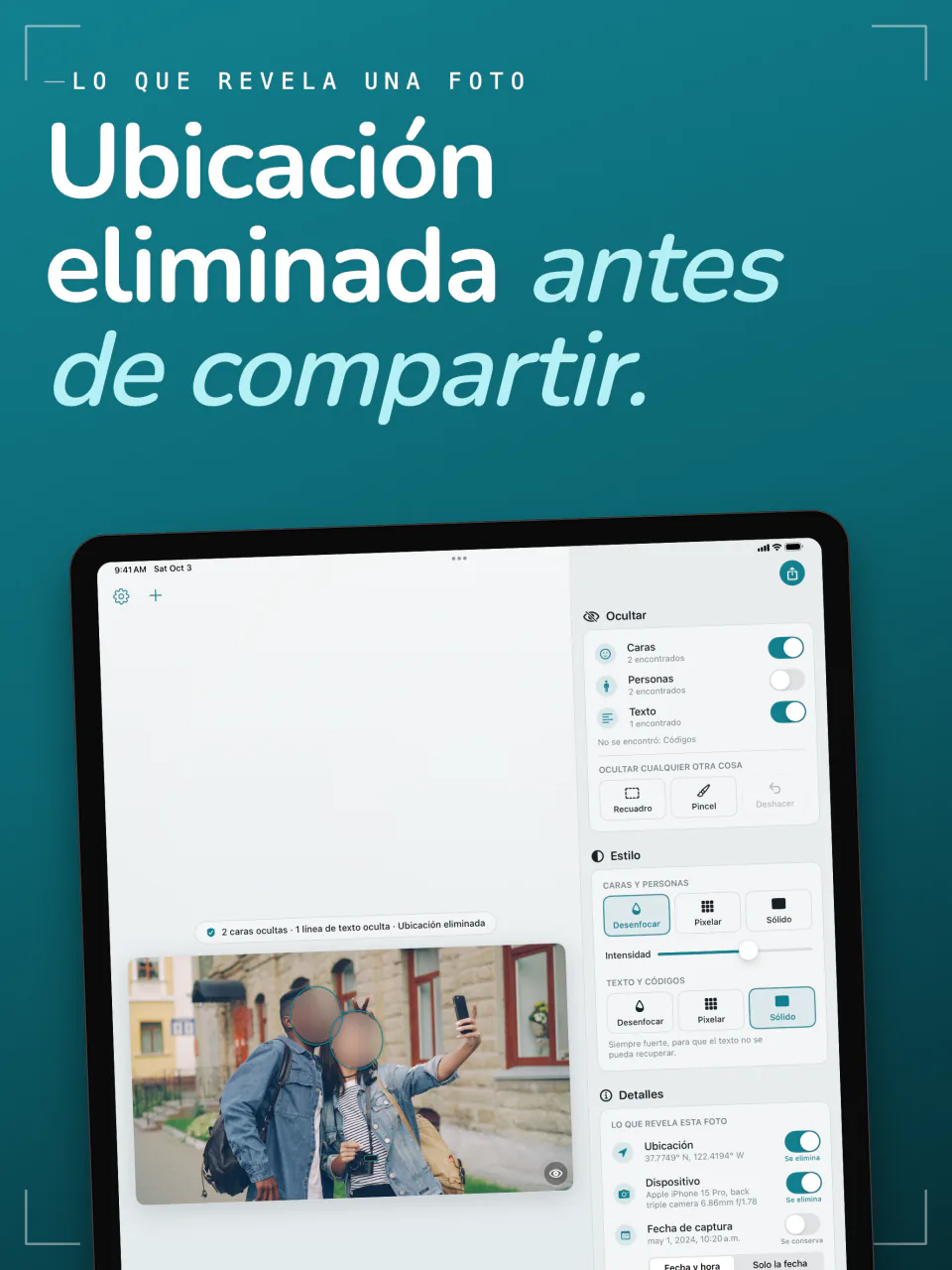 Frost en iPad con la ubicación, el dispositivo y la fecha de una foto, cada uno con un interruptor para eliminarlo