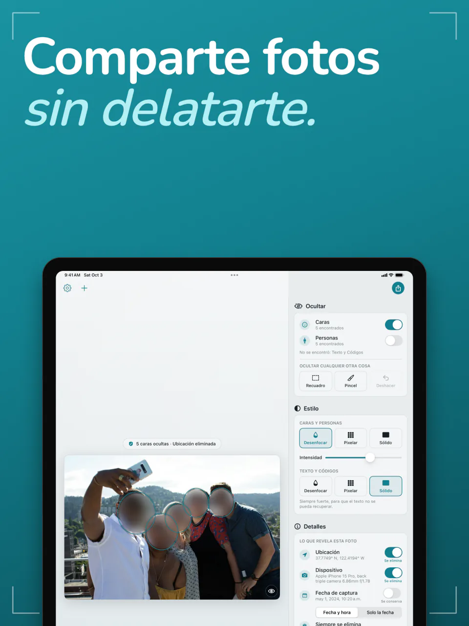 Frost en iPad con un selfie de grupo y las caras desenfocadas, junto a los paneles Ocultar, Estilo y Detalles