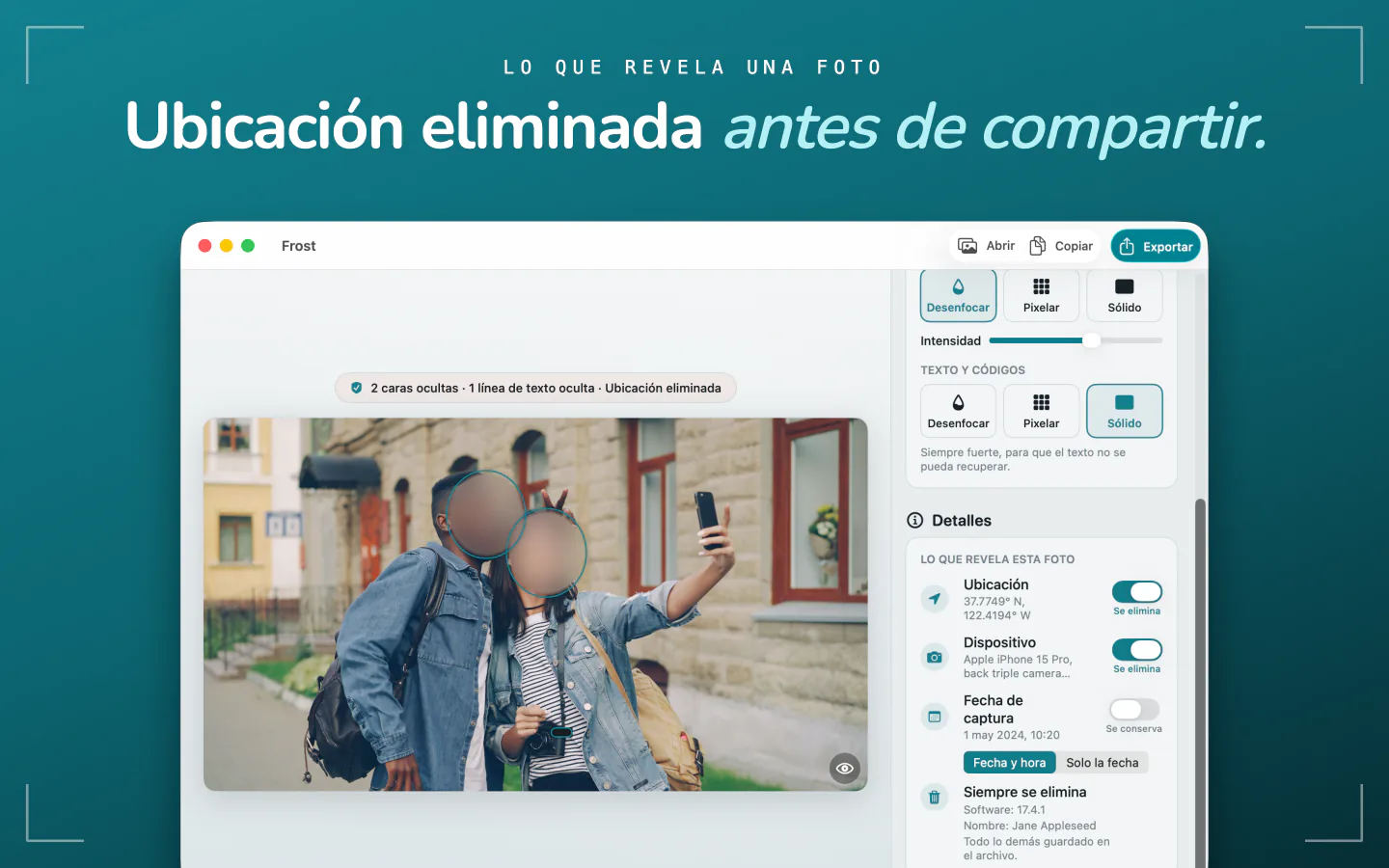 Frost en Mac con la ubicación, el dispositivo y la fecha de una foto, cada uno con un interruptor para eliminarlo