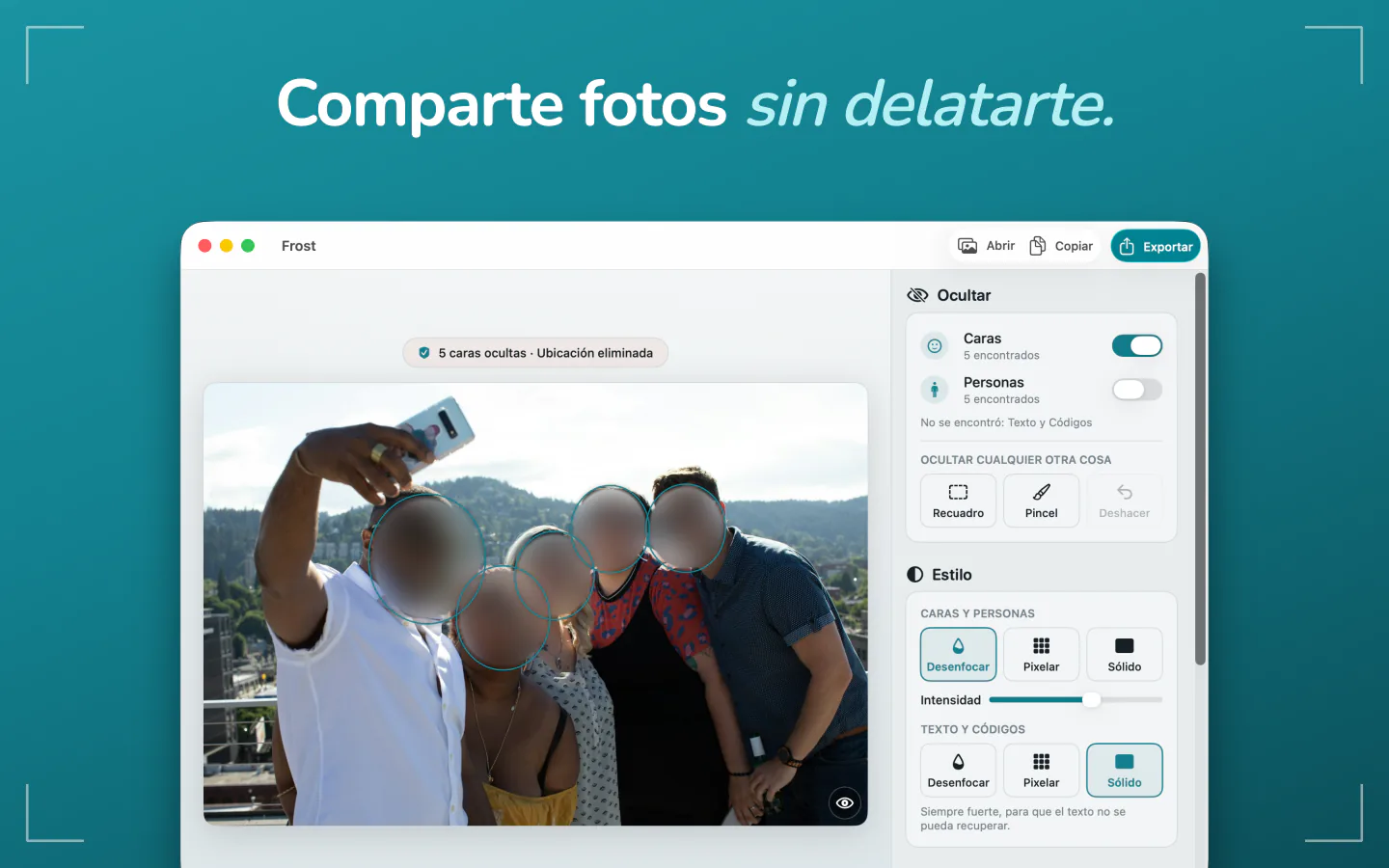 Frost en Mac con una foto de grupo, las caras desenfocadas y la ubicación eliminada