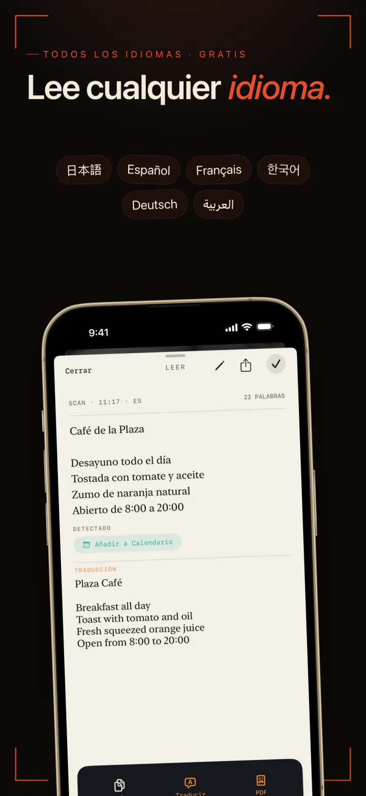 LiveScan leyendo la carta de un café en español, con japonés, español, francés, coreano, alemán y árabe entre sus idiomas