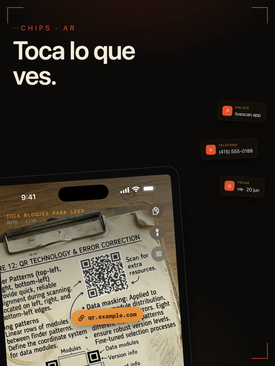 LiveScan en iPad leyendo un código QR y una página impresa, con botones para un enlace, un teléfono y una fecha