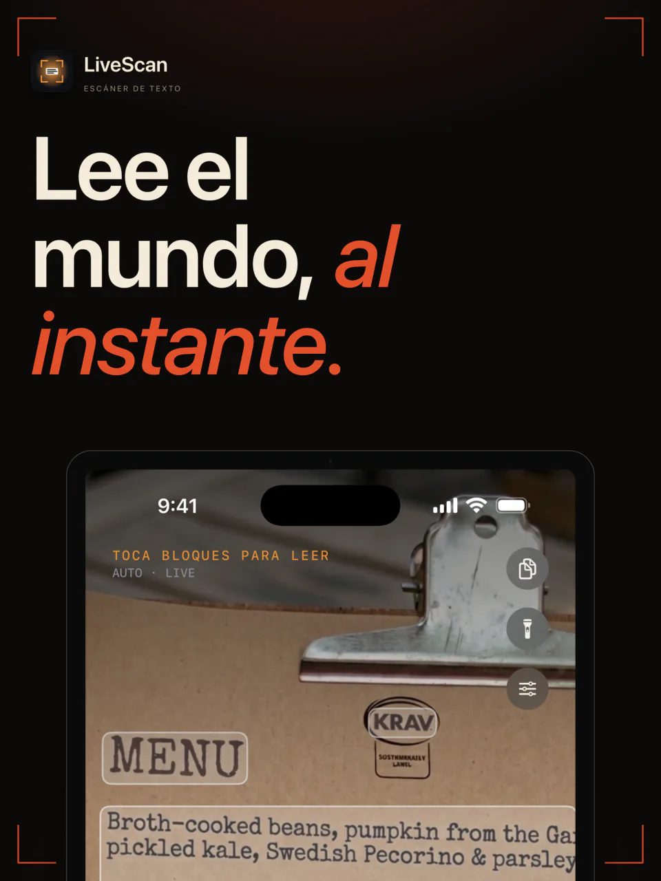 LiveScan en iPad leyendo en directo el texto de una carta de restaurante impresa en el visor