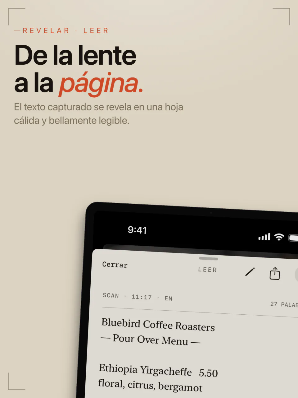 Texto capturado de una carta en iPad, mostrado en la hoja cálida de LiveScan