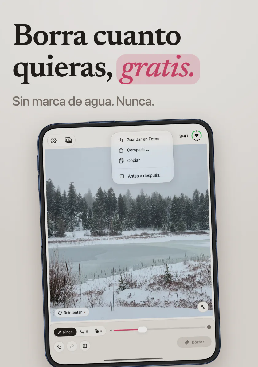 Mend en iPhone Duo con un lago nevado sin marca de agua y el menú con Guardar en Fotos, Compartir y Antes y después