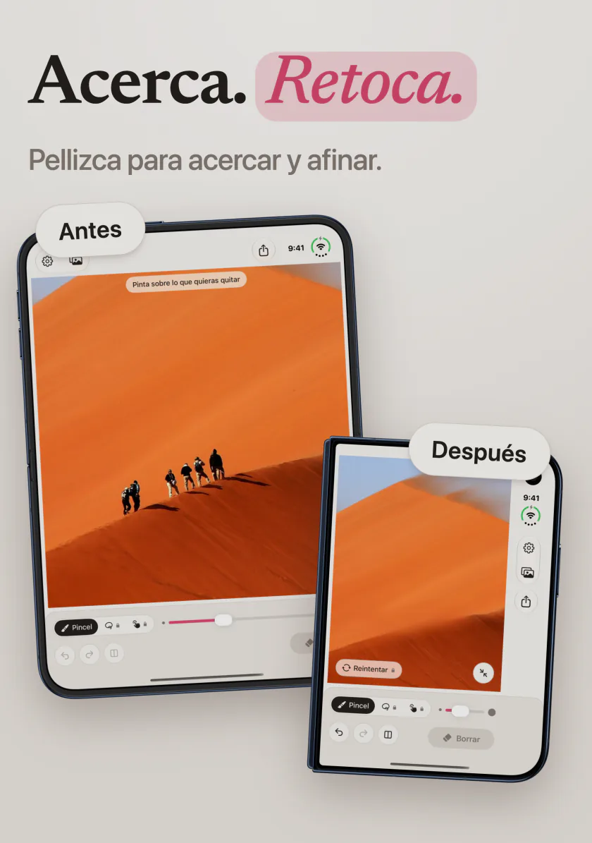 Una foto de excursionistas en una duna naranja antes y después de que Mend en iPhone Duo los borrara