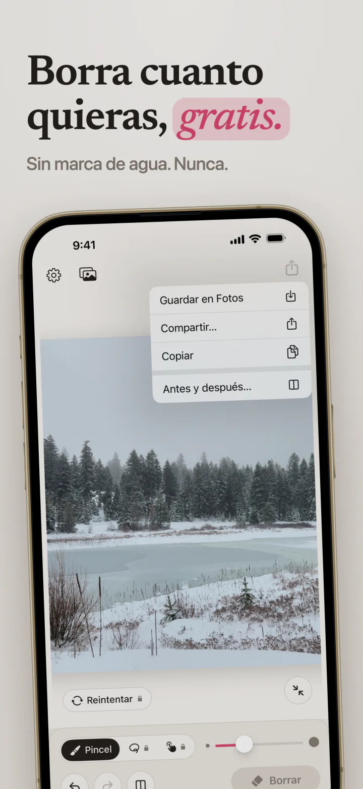 Mend en iPhone con un lago nevado sin marca de agua y el menú con Guardar en Fotos, Compartir y Antes y después