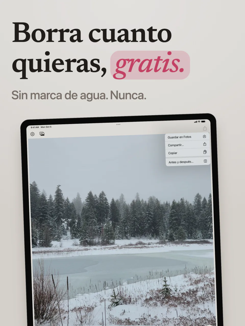 Mend en iPad con un lago nevado sin marca de agua y el menú con Guardar en Fotos, Compartir y Antes y después