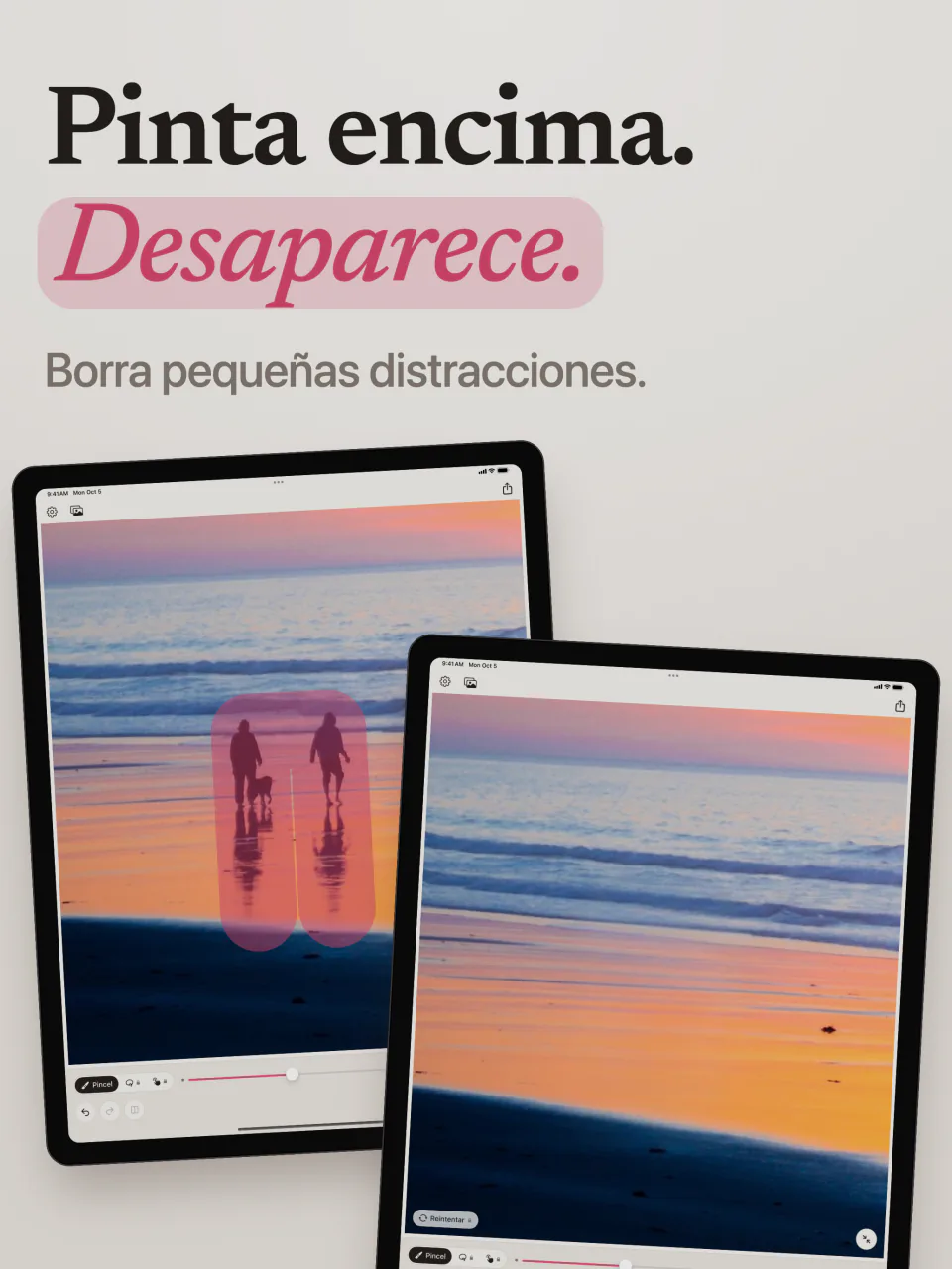 Mend en iPad con dos personas pintadas de rosa en una playa al atardecer, y la misma playa sin ellas