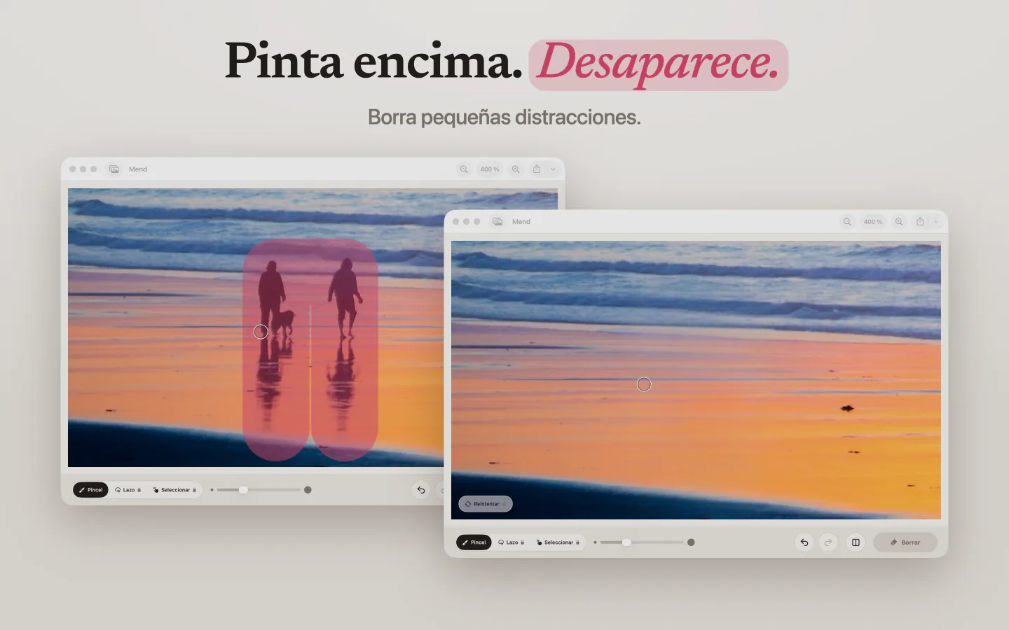 Mend en Mac con dos personas pintadas de rosa en una playa al atardecer, y la misma playa sin ellas