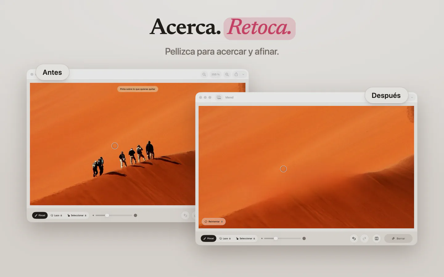 Una foto de excursionistas en una duna naranja antes y después de que Mend los borrara