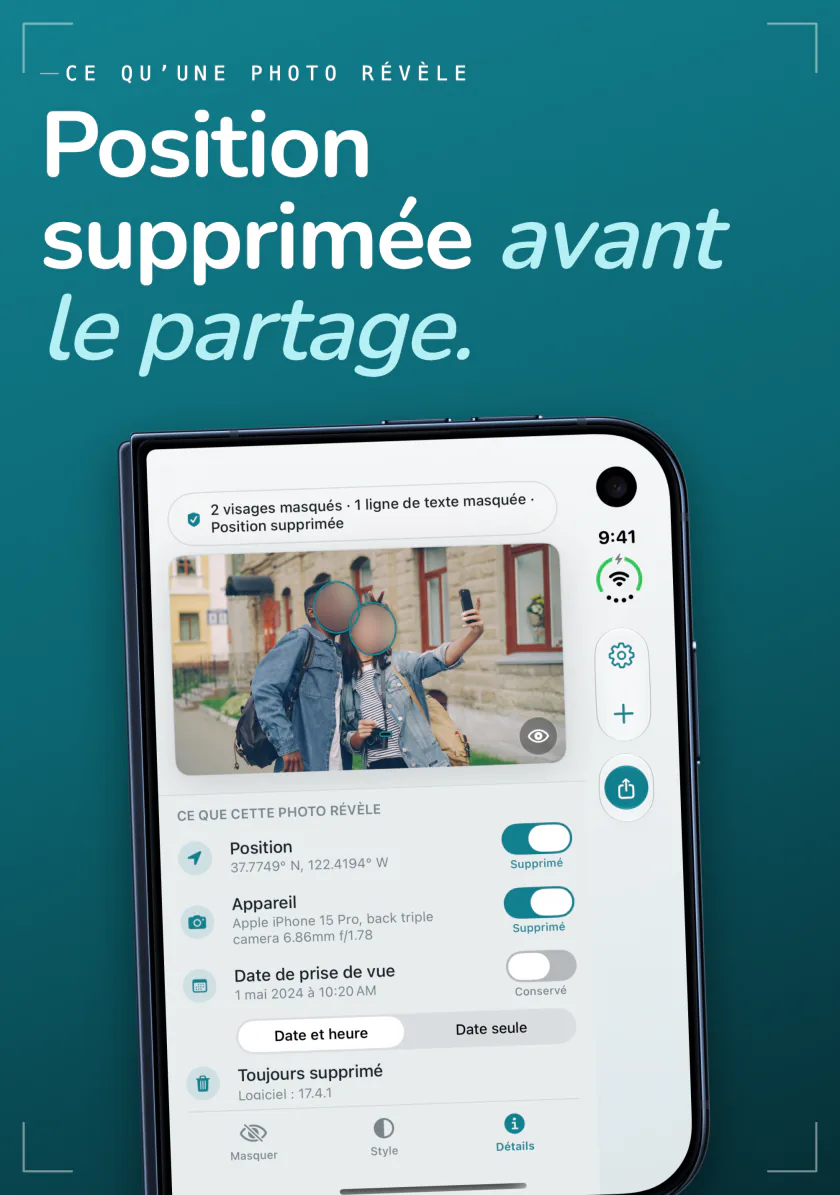 Frost sur iPhone Duo avec la position, l’appareil et la date d’une photo, chacun avec un interrupteur pour le retirer