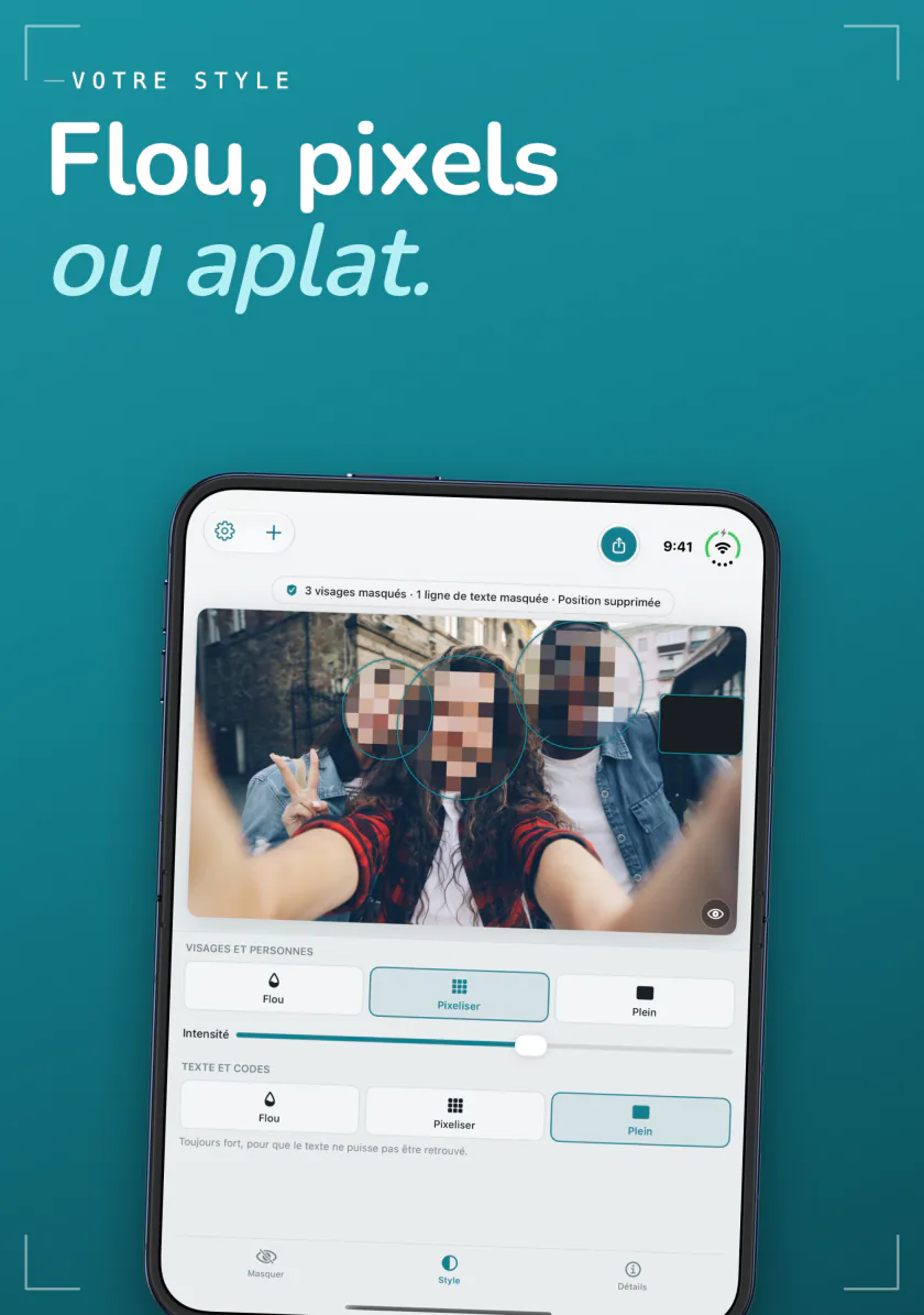 Frost sur iPhone Duo pixelise les visages d’un selfie, avec les styles Flou, Pixeliser et Plein