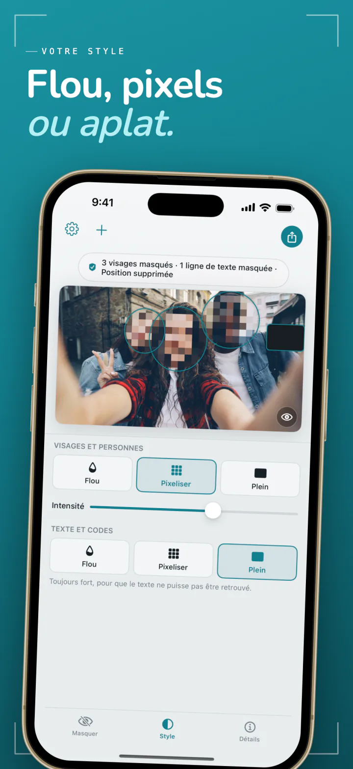 Frost sur iPhone avec les styles Flou, Pixeliser et Plein pour les visages masqués