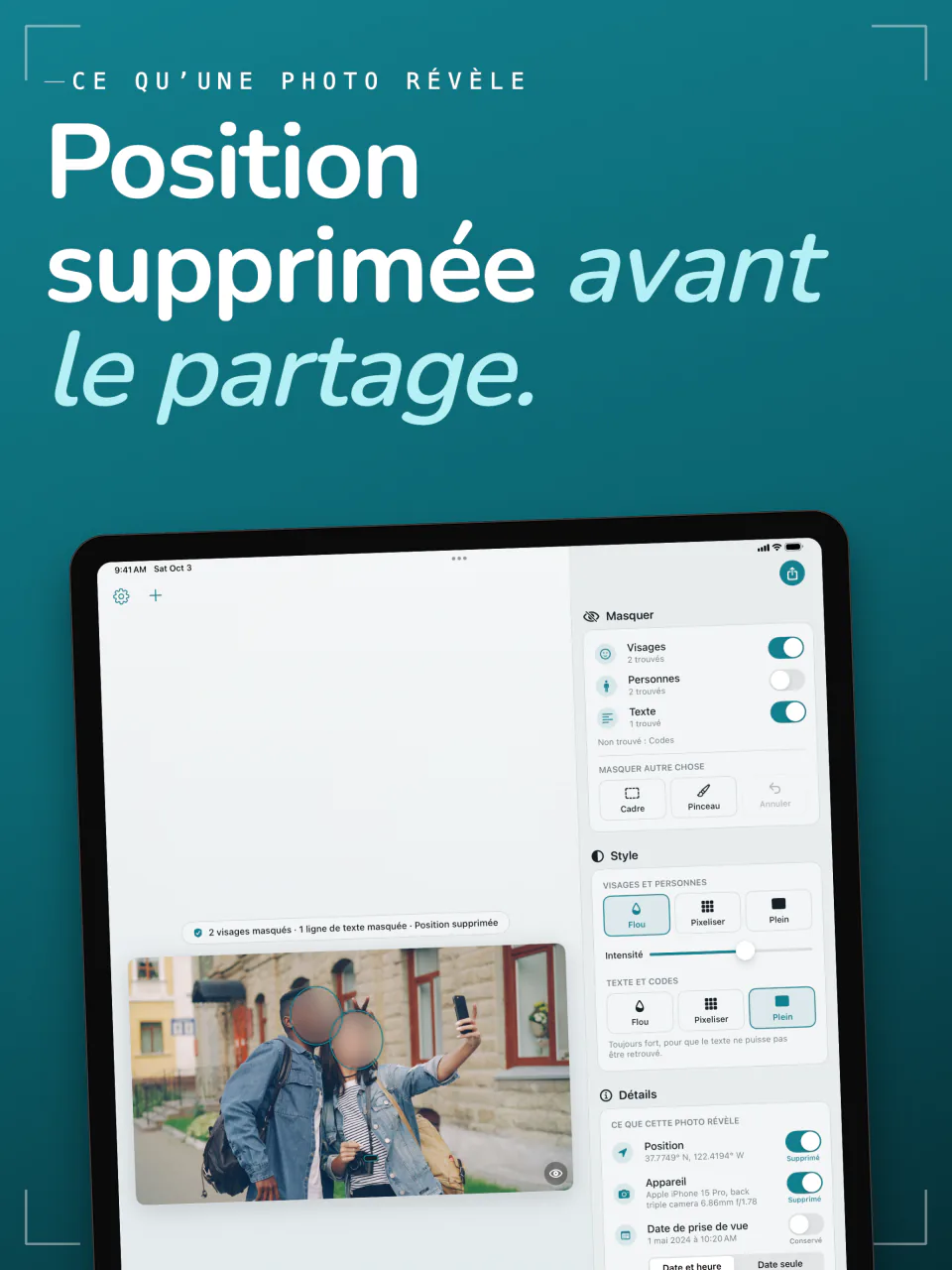 Frost sur iPad avec la position, l’appareil et la date d’une photo, chacun avec un interrupteur pour le retirer