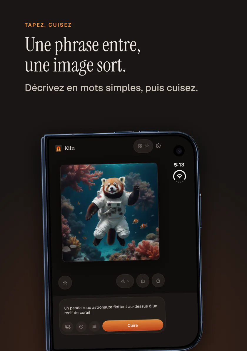 Kiln sur iPhone Duo transforme une phrase en image d’un panda roux astronaute
