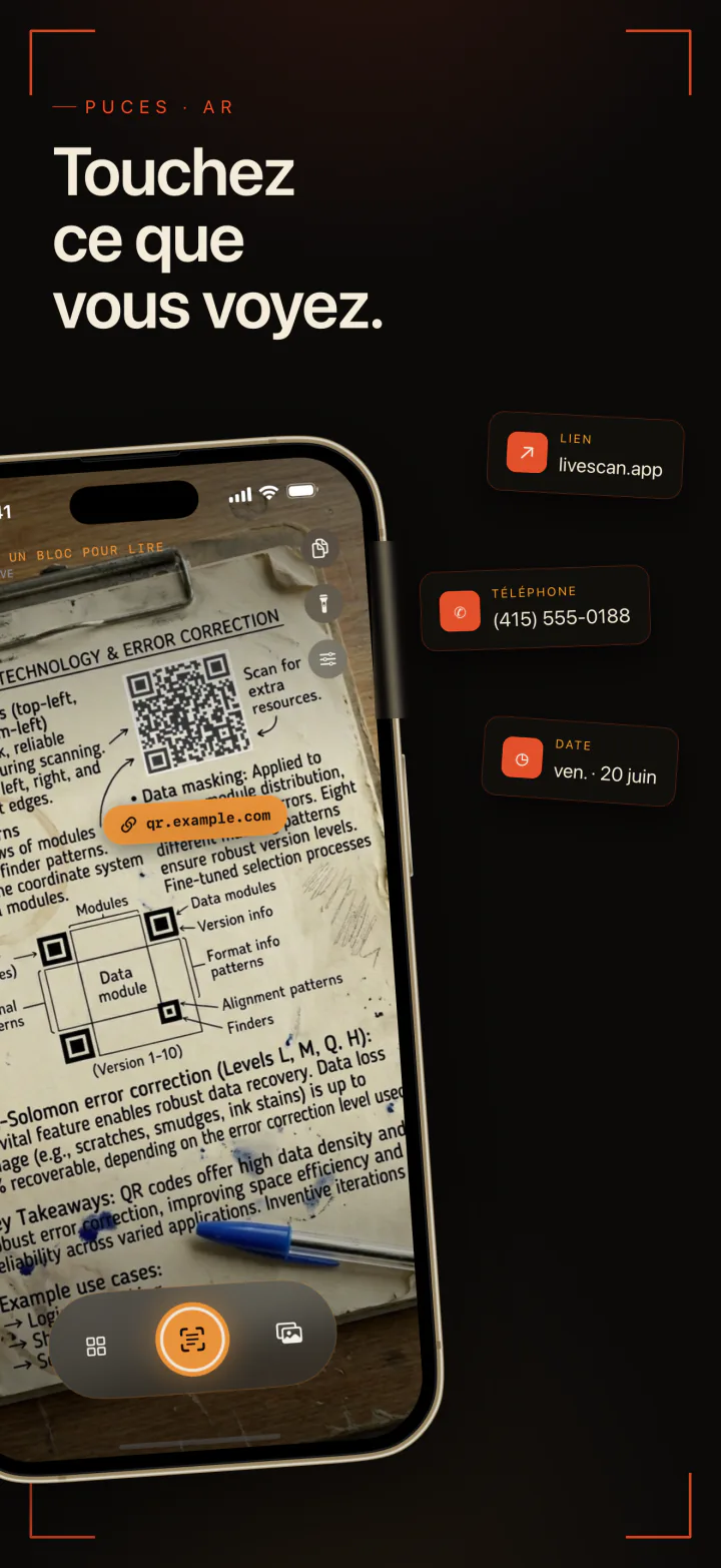 LiveScan lit un QR code et une page imprimée, avec des boutons pour un lien, un numéro de téléphone et une date