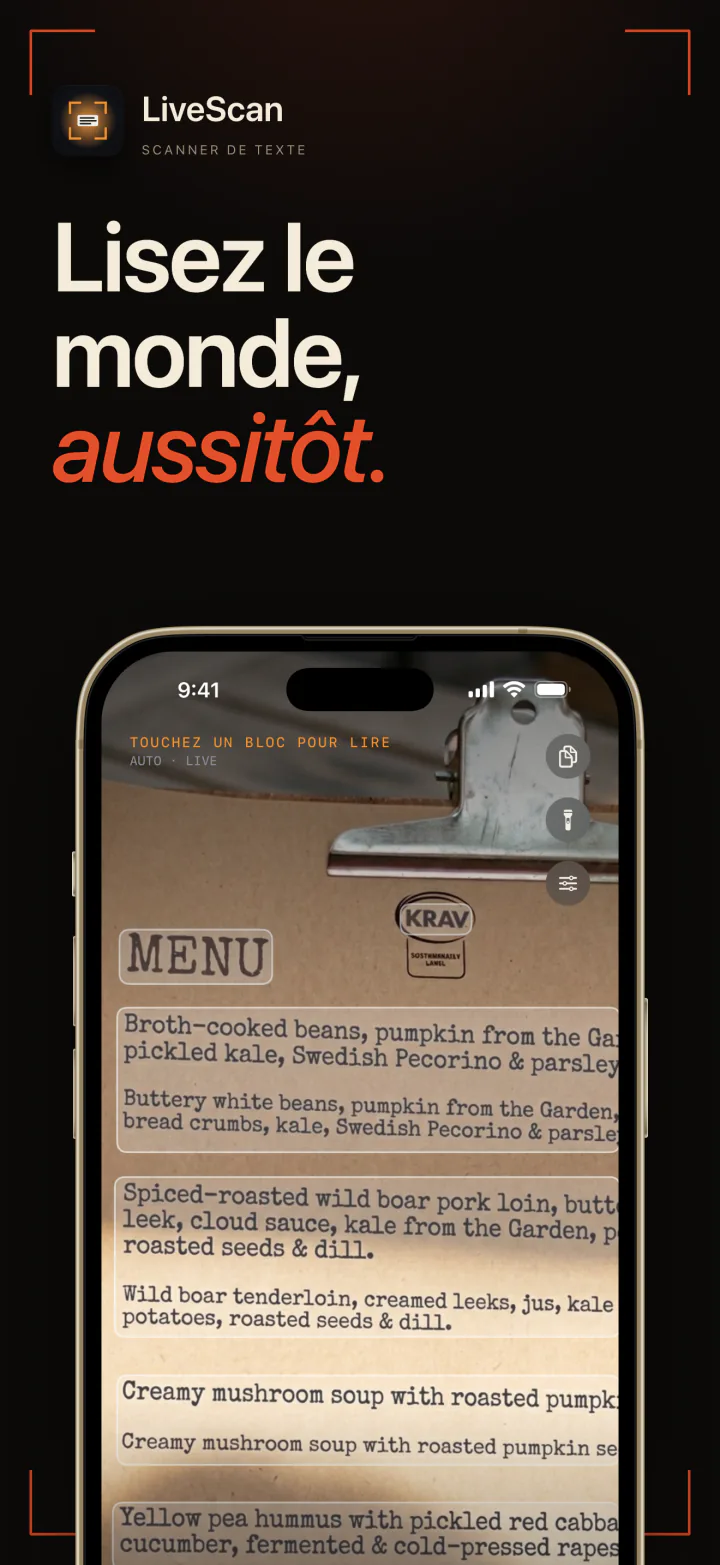 LiveScan sur iPhone surligne en direct le texte d’un menu de restaurant imprimé dans le viseur